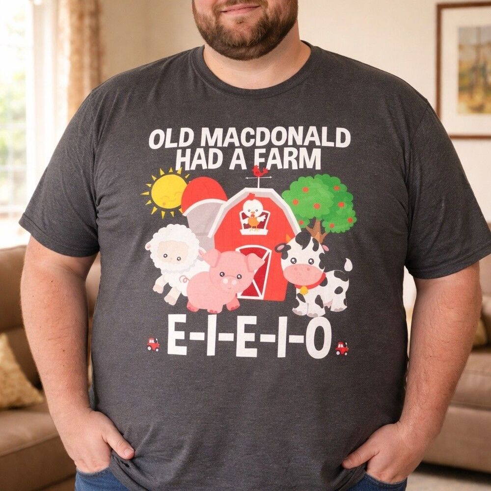 Gray Old MacDonald Farm Animals Graphic Print Retro Pulp T-Shirt Men's 3XL